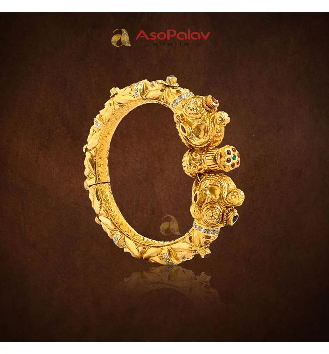 22K Traditional Gold Kada with Multi-Stone Elegance